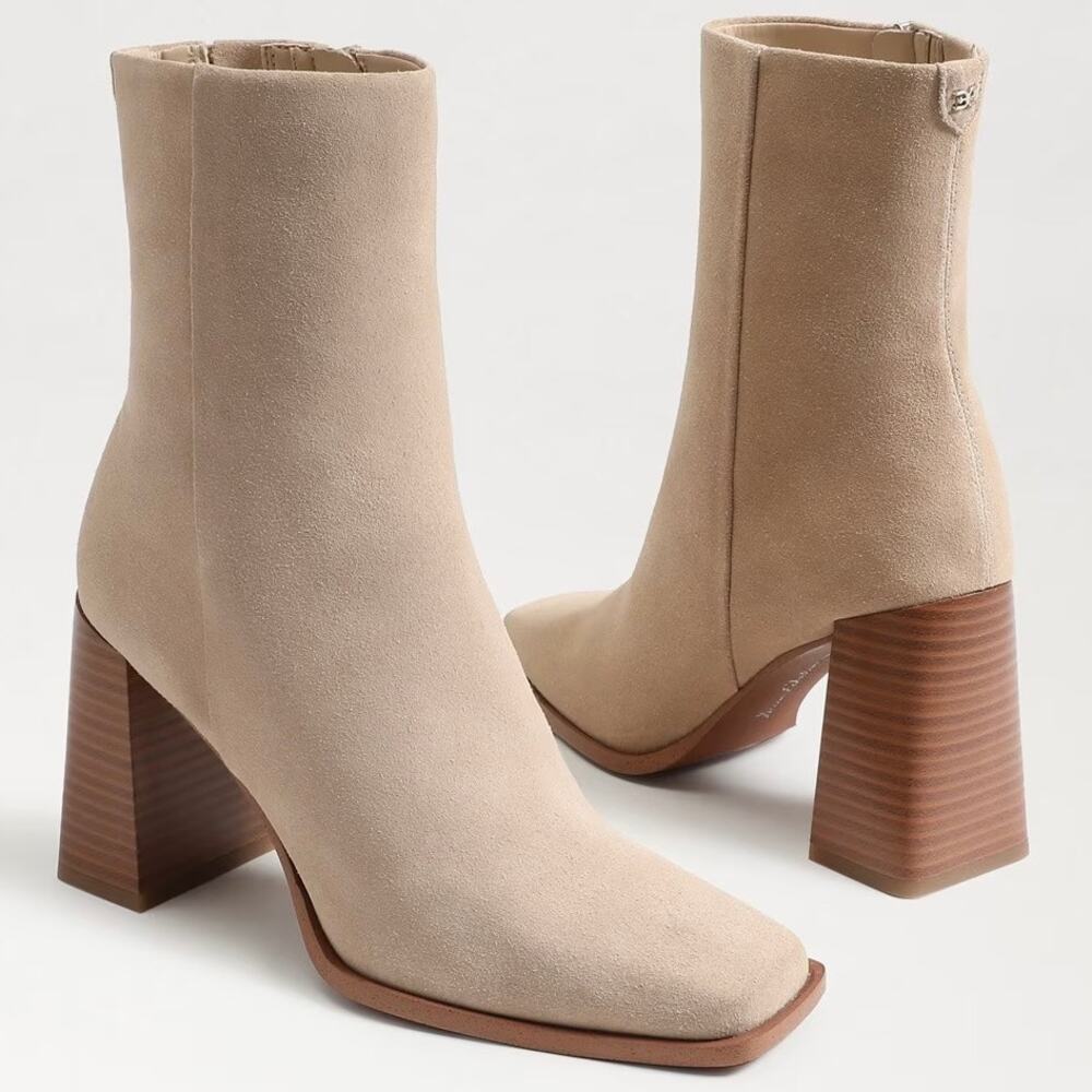 Sam Edelman Ivette Suede Ankle Booties Sesame Square Toe Block Heel Size 9